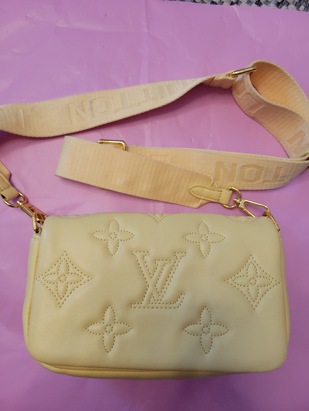 Pastel Yellow Monogram Crossbody Bag with Wide Strap
